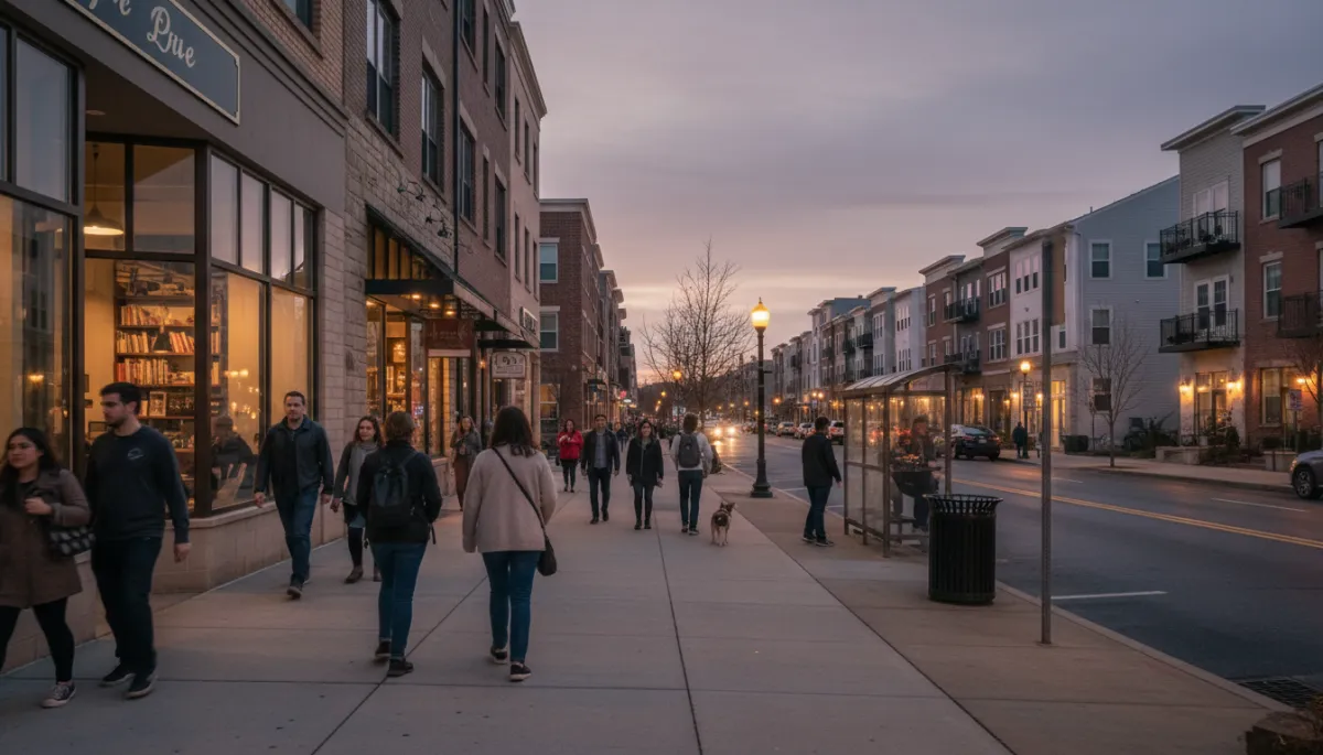 Photorealistic street scene along Columbia Pike in South Arlington with shops and condos