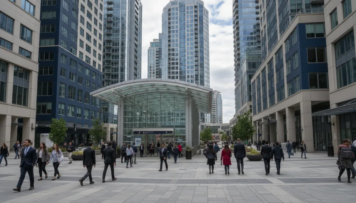 Street-level view of Tysons Virginia near the Silver Line Metro with modern mixed-use buildings