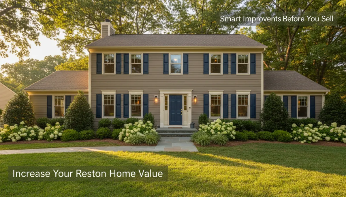 photographic realistic wide-angle view of a beautifully maintained Reston VA suburban home at golden hour, fresh landscaping, clean walkway, updated front door and lighting, neutral color palette with navy blue accents and warm ivory trim, subtle text overlay in clean sans-serif fonts reading 'Increase Your Reston Home Value' and 'Smart Improvements Before You Sell'