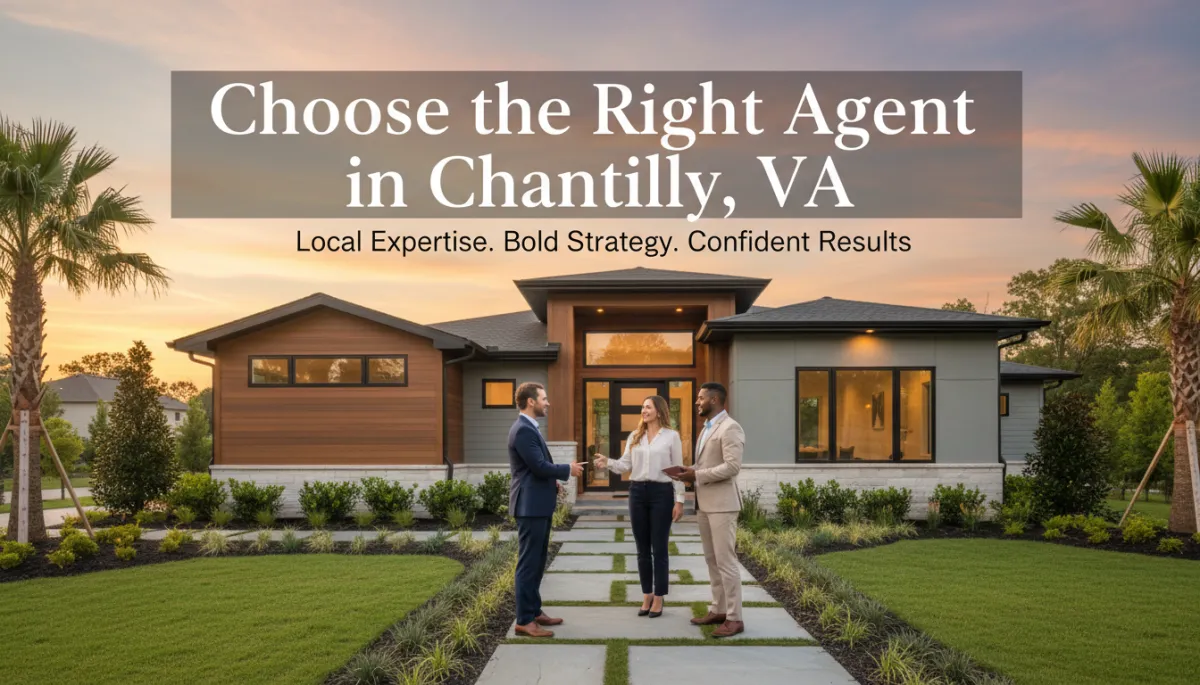 photorealistic wide shot of a confident real estate agent couple meeting homeowners at a modern Chantilly VA suburban home at sunset, neutral color palette with soft navy and warm ivory accents, subtle text overlay in clean sans-serif reading 'Choose the Right Agent in Chantilly, VA' and smaller subtitle 'Local Expertise. Bold Strategy. Confident Results.' photorealistic wide shot of a confident real estate agent couple meeting homeowners at a modern Chantilly VA suburban home at sunset, neutral color palette with soft navy and warm ivory accents, subtle text overlay in clean sans-serif reading 'Choose the Right Agent in Chantilly, VA' and smaller subtitle 'Local Expertise. Bold Strategy. Confident Results.'