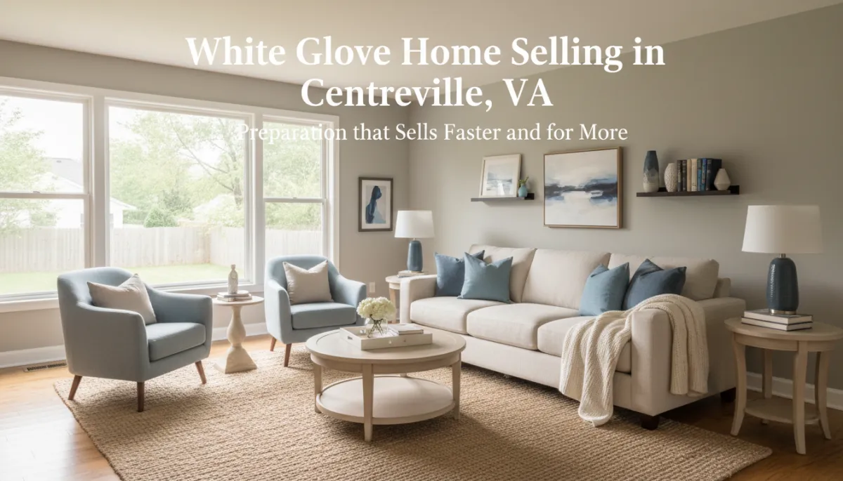 photorealistic neutral-toned living room in a Centreville VA home, impeccably staged with soft blue and warm ivory accents, sunlight streaming through large windows, subtle deep navy and slate blue decor details, overlay text on image in clean sans-serif fonts reading 'White Glove Home Selling in Centreville, VA' and smaller subtitle 'Preparation that Sells Faster and for More'