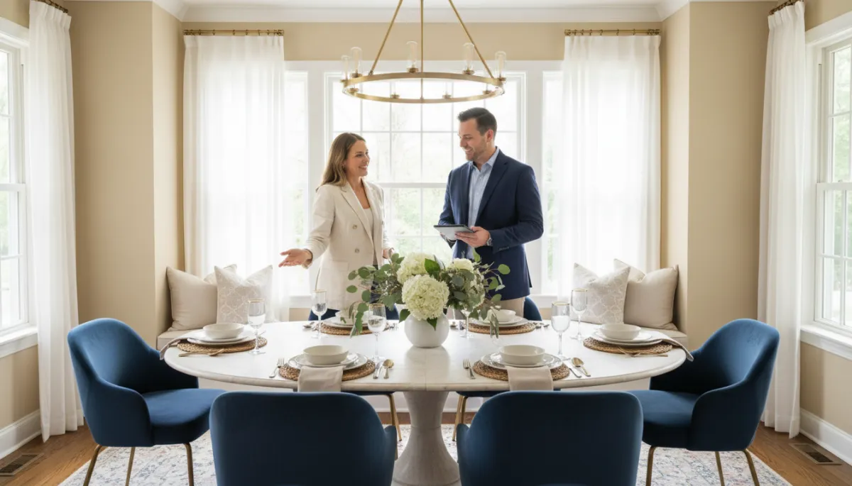 Photorealistic staged dining room in a Bethesda home with a stager and agent reviewing details