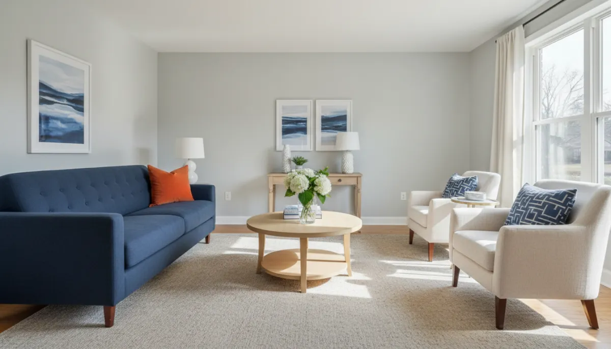 Photorealistic staged South Arlington living room with neutral decor and natural light