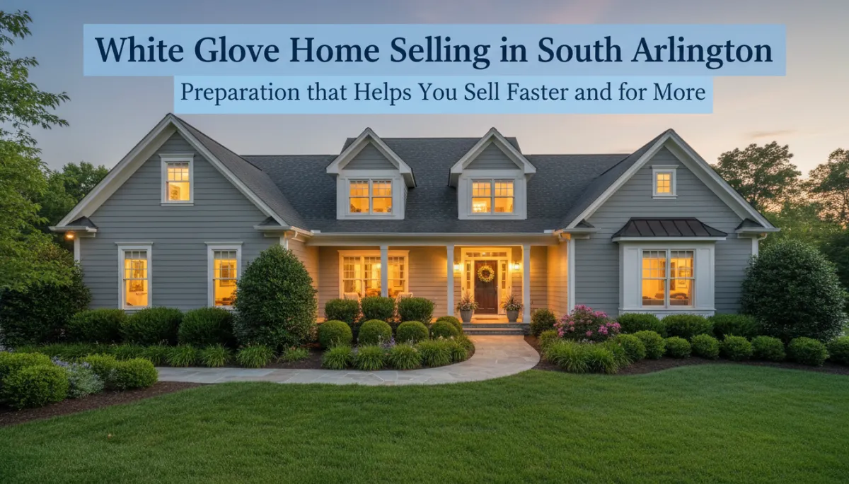 photorealistic wide-angle view of a beautifully prepared South Arlington VA single-family home at twilight, neutral exterior palette, warm interior lights glowing through clean windows, manicured landscaping and tidy front walk, subtle text overlay in deep navy and soft blue reading 'White Glove Home Selling in South Arlington' with smaller subtitle 'Preparation that Helps You Sell Faster and for More'