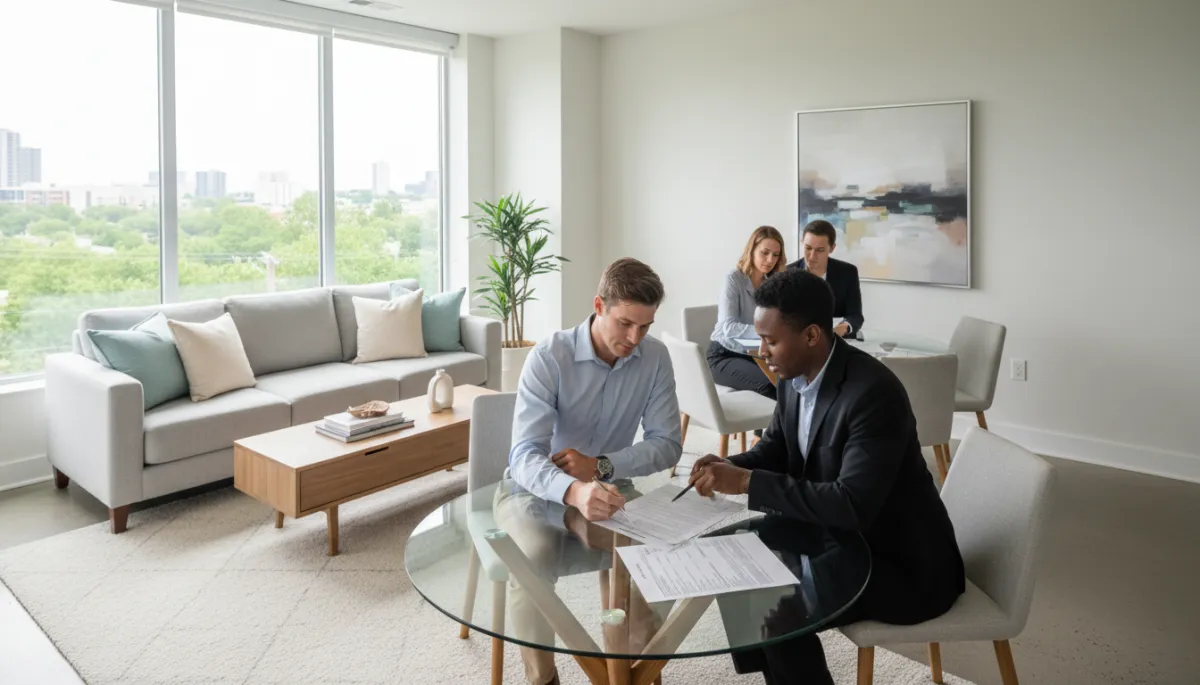 Home buyers reviewing mortgage estimates with an agent in a South Arlington condo