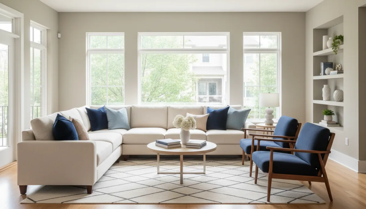 Photorealistic staged South Arlington living room with neutral colors and natural light