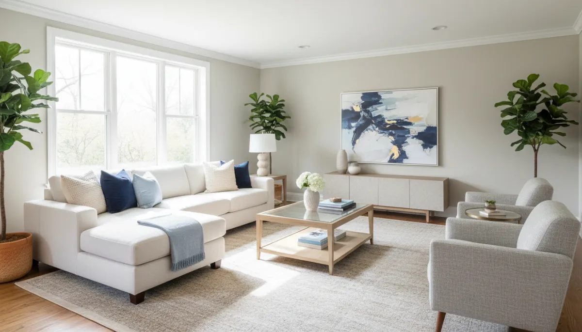 Photorealistic staged living room in a South Arlington VA home with neutral decor Photorealistic staged living room in a South Arlington VA home with neutral decor