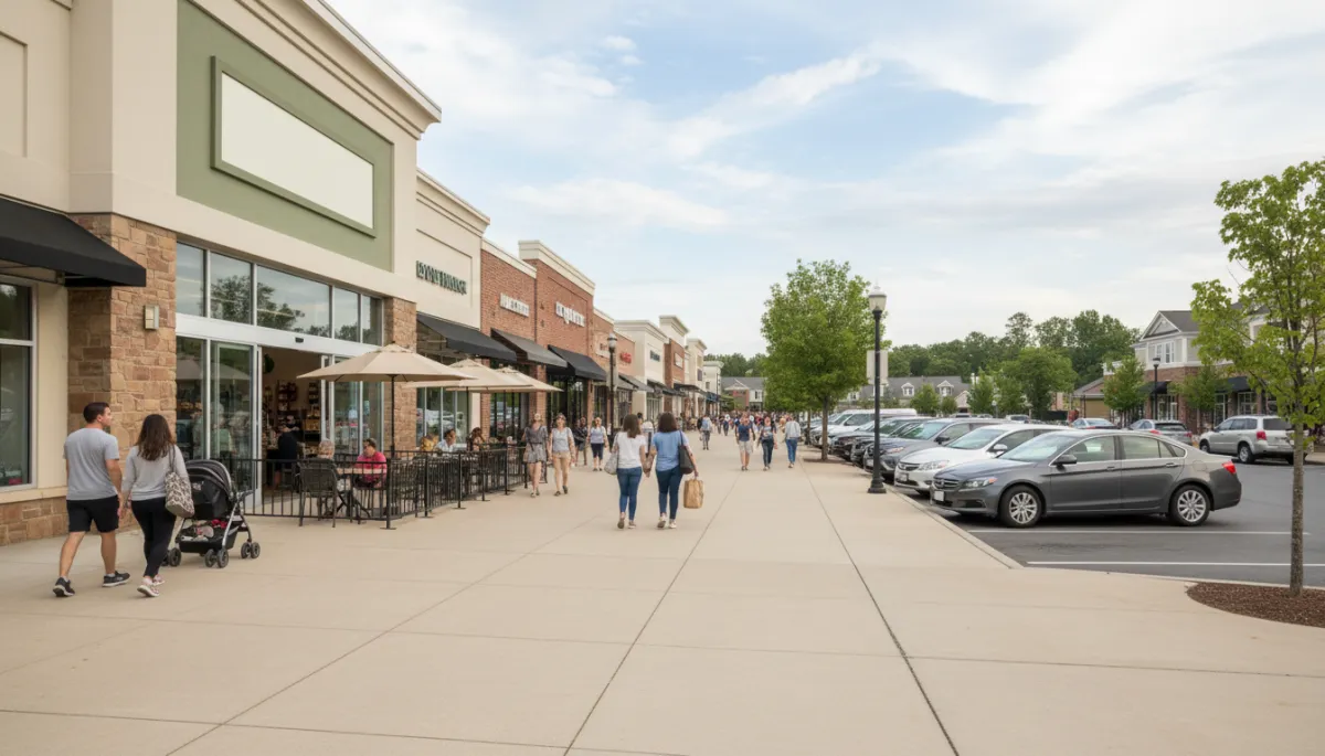 Photorealistic view of local retail area in South Riding Virginia with shops and pedestrians