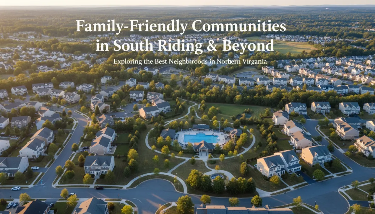 photographic realistic aerial view of a modern Northern Virginia suburban community at golden hour, tree-lined streets, single-family homes, townhomes, walking trails, and a central community pool, neutral color palette of soft blues and warm ivories, subtle text overlay in clean sans-serif reading 'Family-Friendly Communities in South Riding & Beyond' and smaller subtitle 'Exploring the Best Neighborhoods in Northern Virginia'
