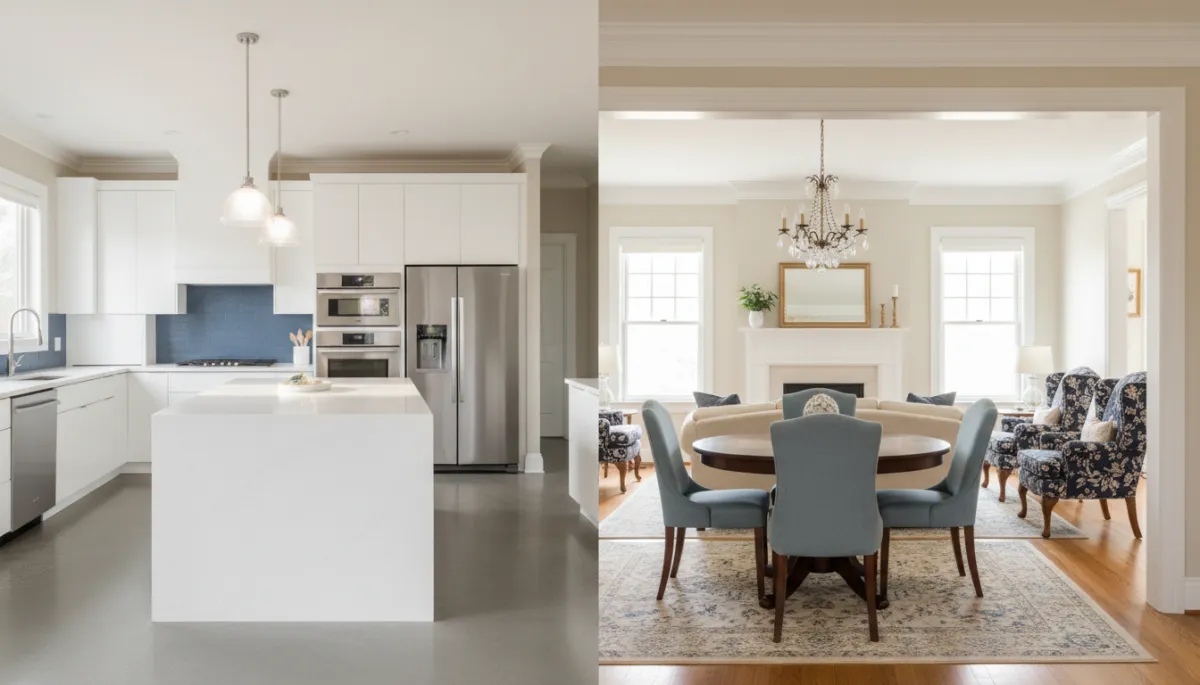 Photorealistic comparison of an open concept new construction kitchen and a traditional resale home layout