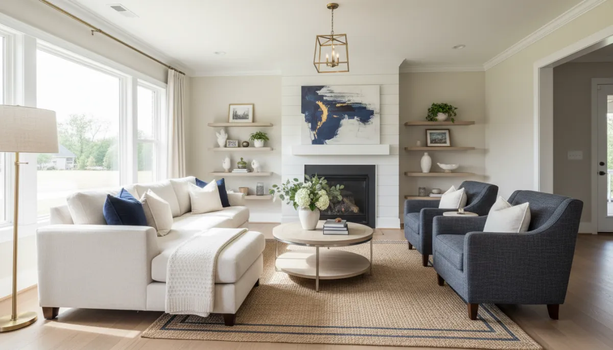Photographic realistic staged South Riding living room with modern neutral finishes