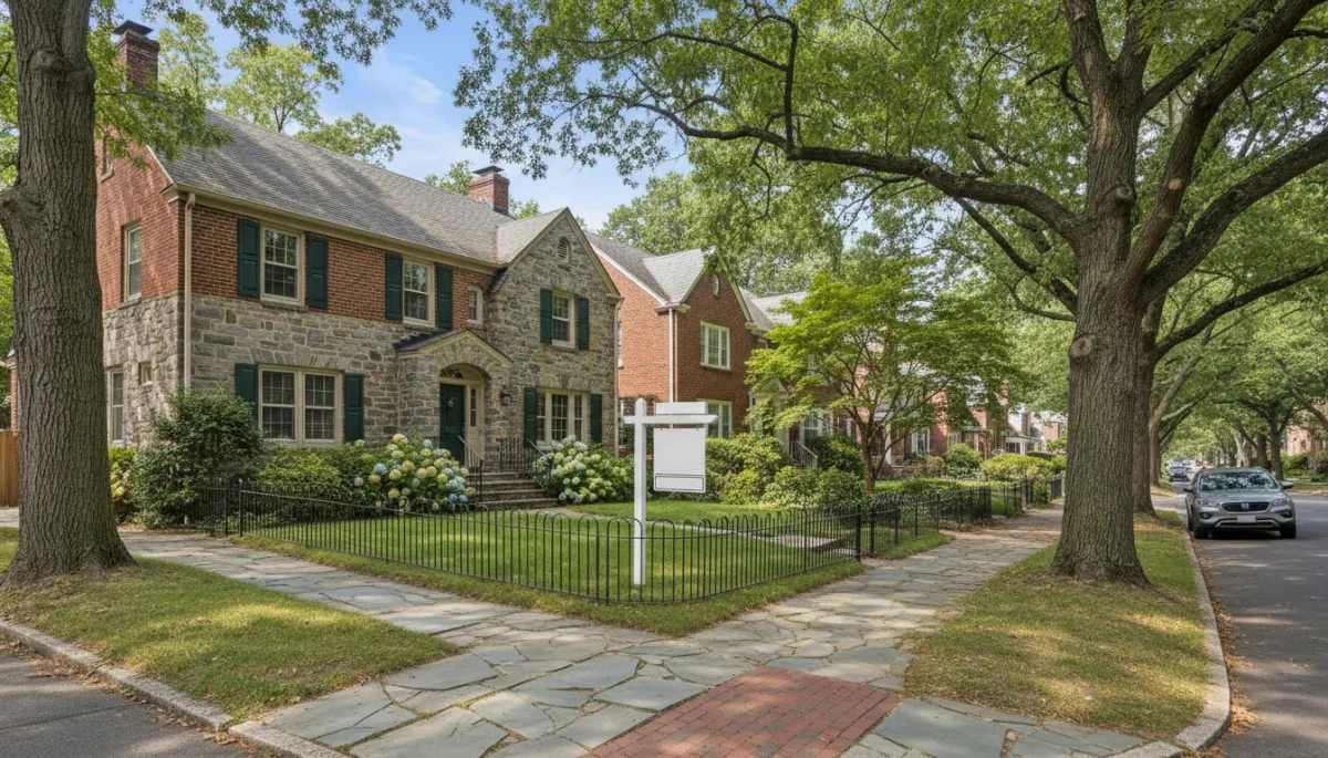 Photorealistic Bethesda street with homes and a for-sale sign
