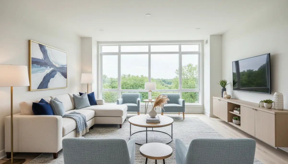 Photorealistic staged Oxon Hill living room prepared through a concierge program