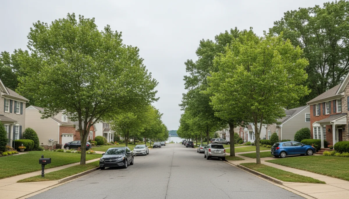 Photorealistic Fort Washington residential neighborhood with well-maintained homes