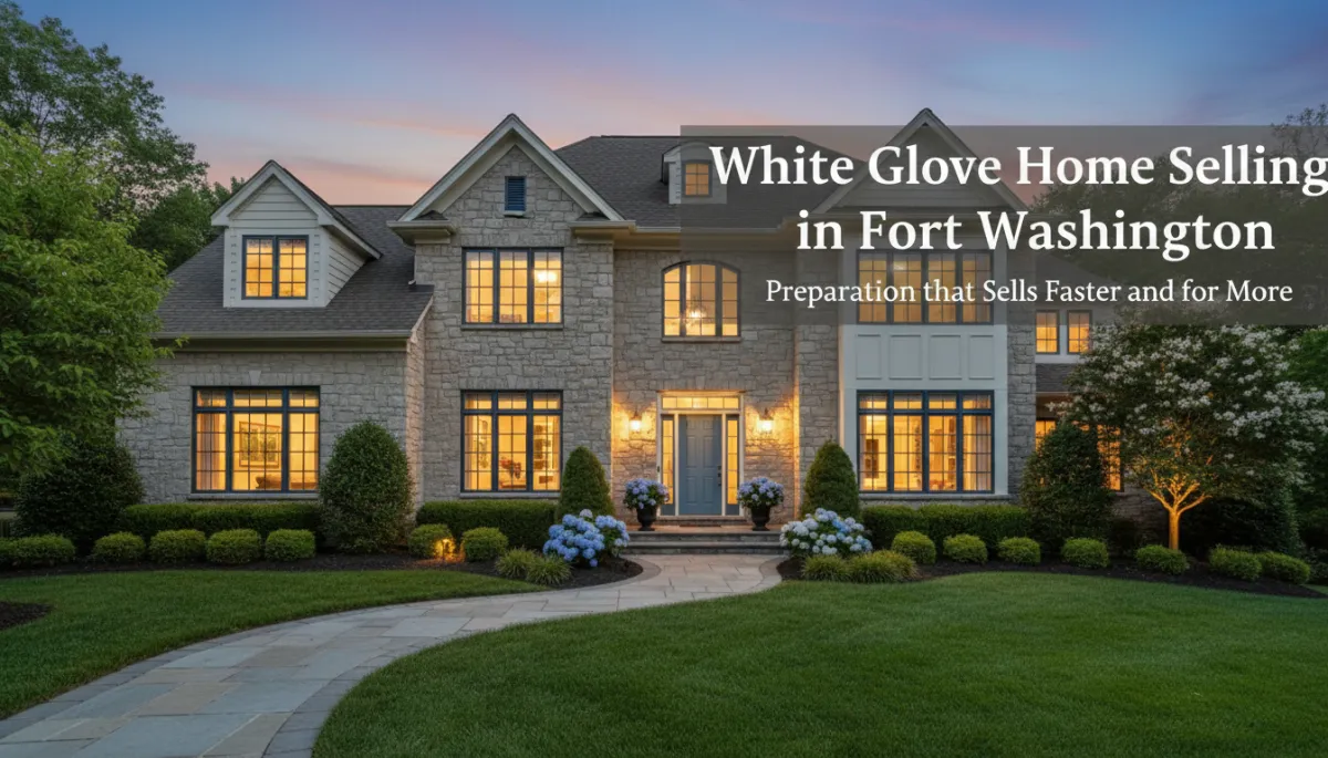 photorealistic wide-angle view of an elegant, move-in ready Fort Washington, MD home at dusk, warm interior lights glowing through large windows, manicured landscaping, neutral color palette with navy and soft blue accents, subtle text overlay in clean sans-serif font reading 'White Glove Home Selling in Fort Washington' with smaller subtitle 'Preparation that Sells Faster and for More'
