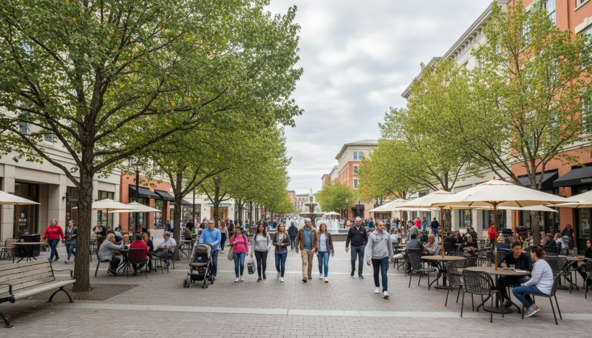 Photographic realistic view of Rockville Town Square with shops and people Photographic realistic view of Rockville Town Square with shops and people