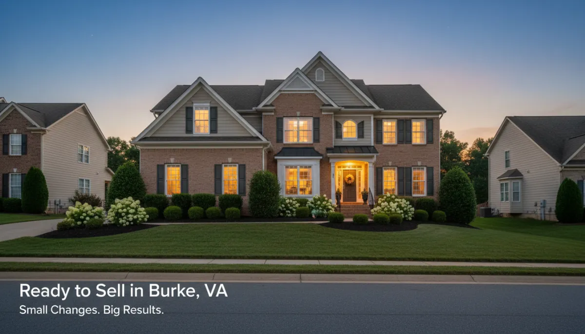 photographic realistic wide shot of a well-kept Burke VA suburban home at dusk, neutral color palette, fresh landscaping, warm lights glowing through windows, subtle text overlay in clean sans serif fonts reading 'Ready to Sell in Burke, VA' and 'Small Changes. Big Results.'