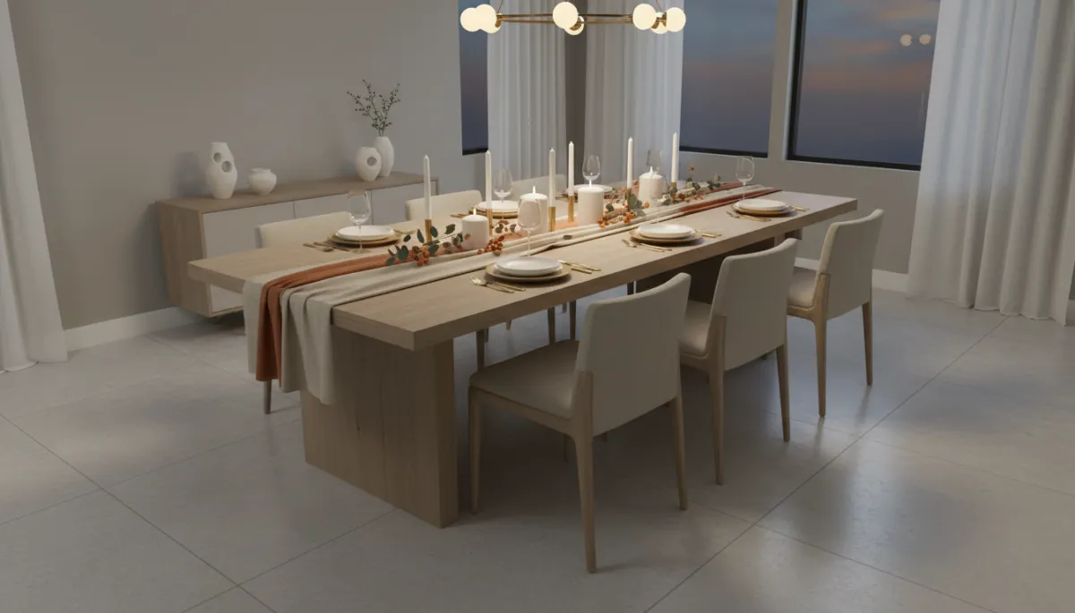 Staged dining room with warm fall-inspired neutral decor Staged dining room with warm fall-inspired neutral decor