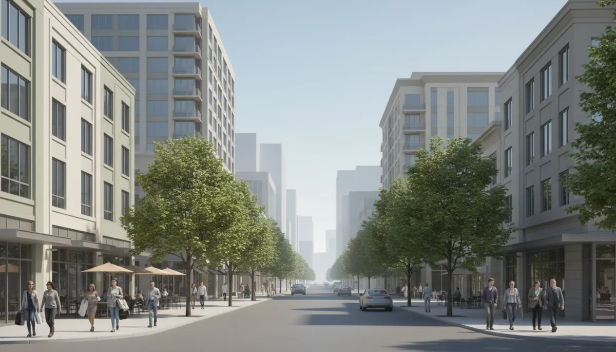 Walkable Arlington VA neighborhood with condos, shops, and tree-lined sidewalks