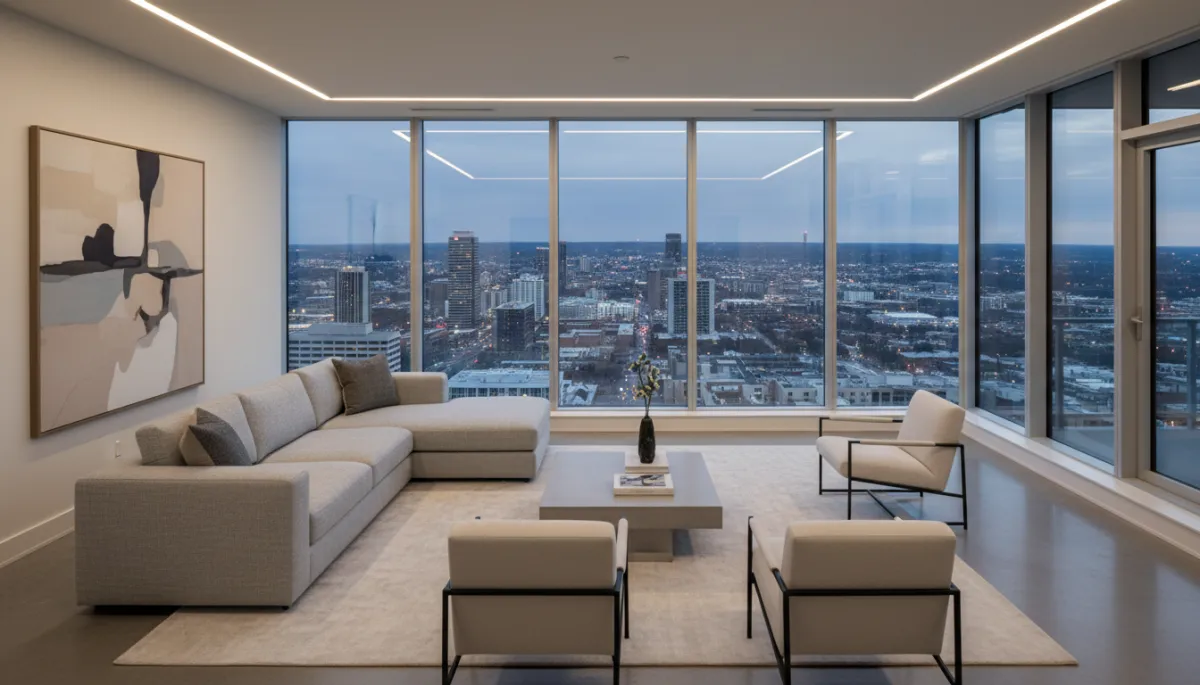 Modern Ballston condo living room with skyline views