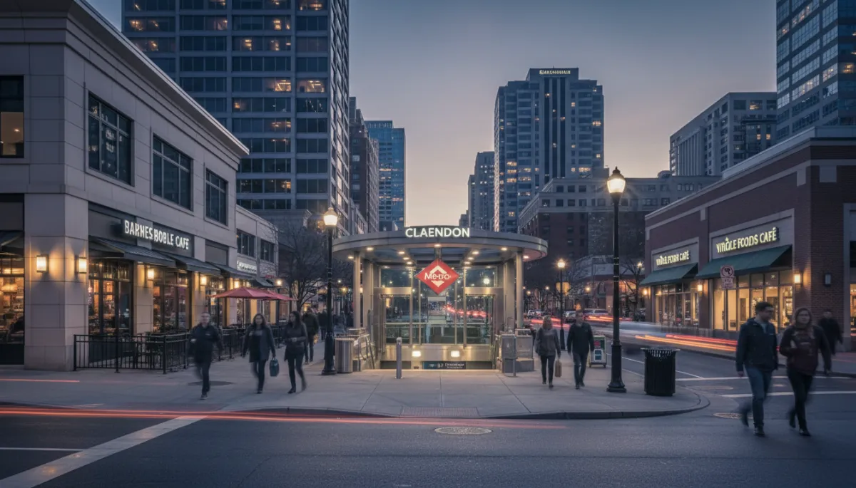 Clarendon Metro area near Lyon Village with shops and commuters