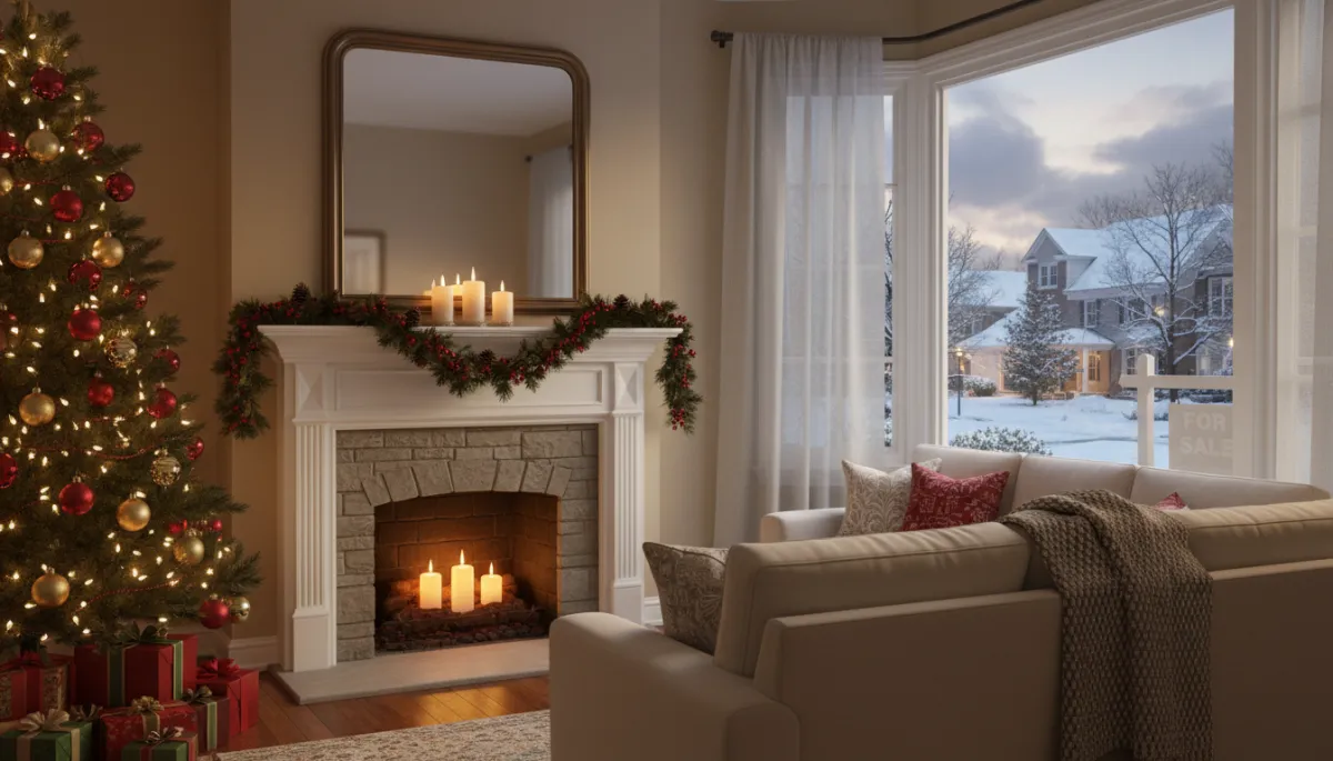 Staged Arlington living room with minimal holiday decorations