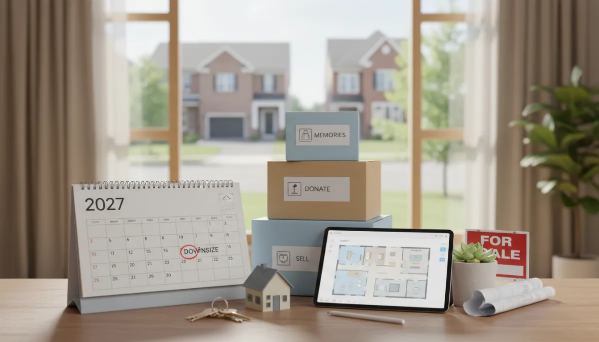 Homeowner organizing belongings into boxes while preparing to downsize