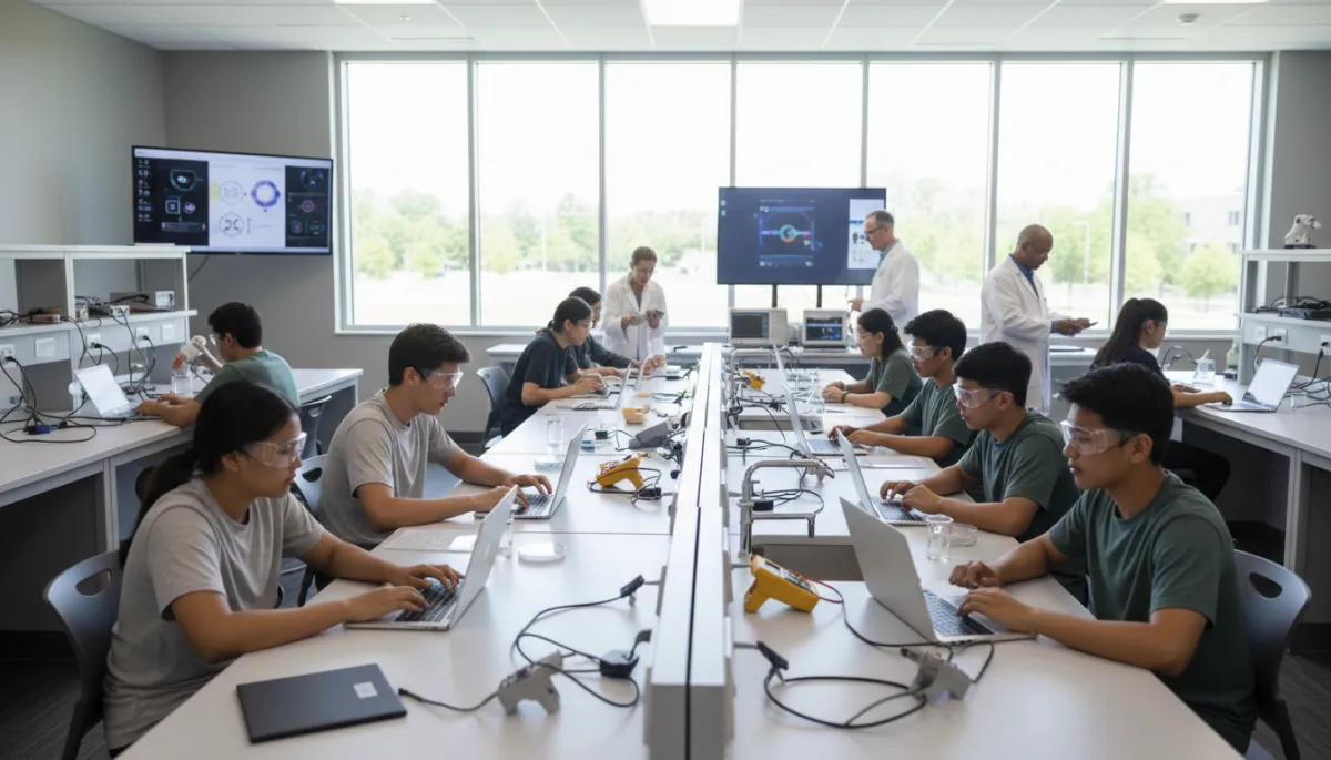 Students working in a modern lab classroom with technology and equipment Students working in a modern lab classroom with technology and equipment