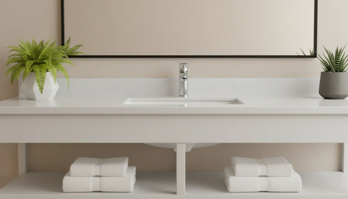 Updated bathroom vanity with neutral finishes and simple staging