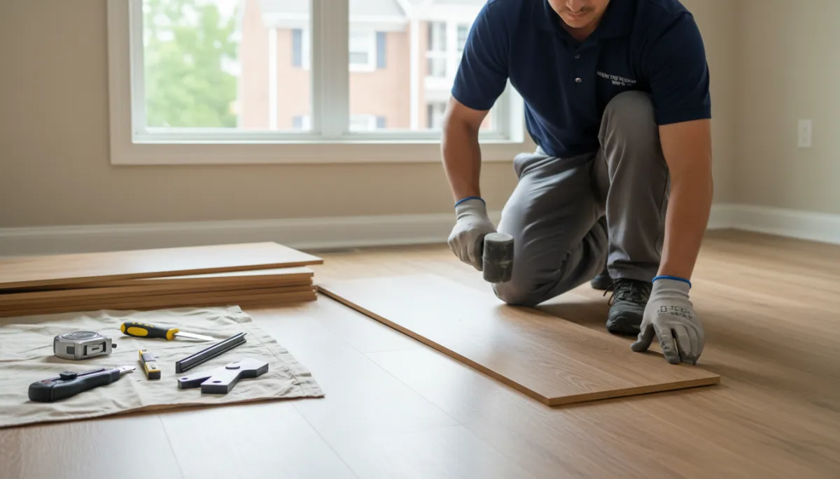 Contractor installing new neutral plank flooring in an Arlington townhouse