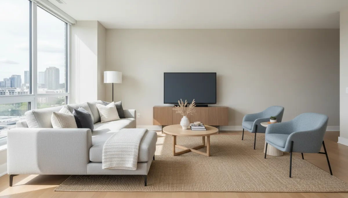 Professionally staged Arlington living room with neutral decor and natural light
