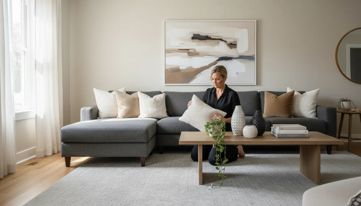 Stager preparing an Arlington living room for showings
