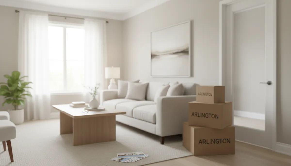 Staged Arlington living room prepared for sale with moving boxes ready