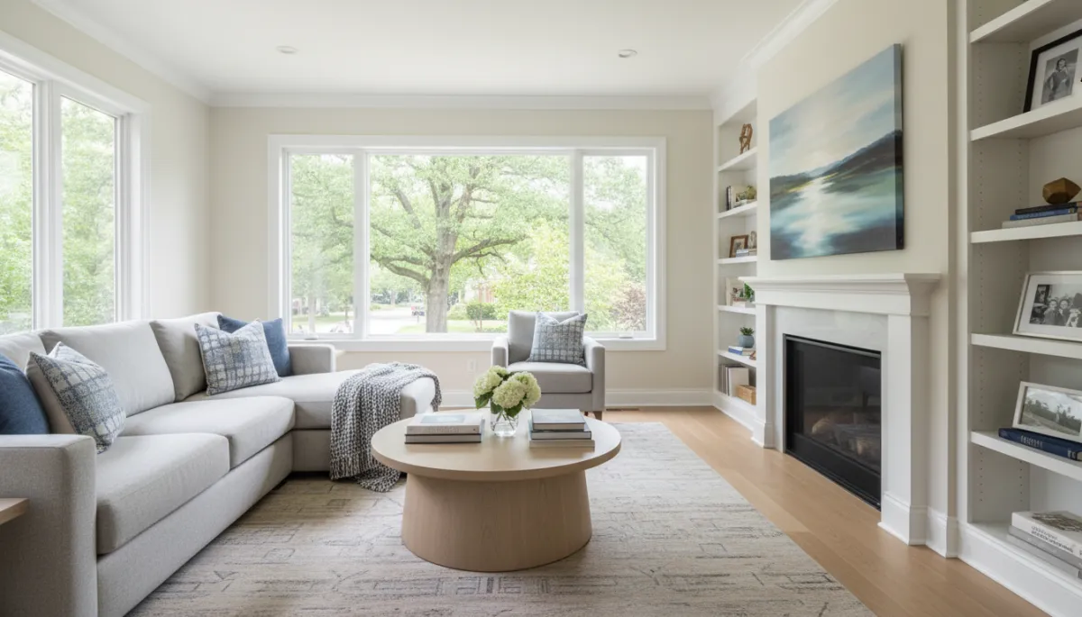 Professionally staged living room in a longtime Arlington family home