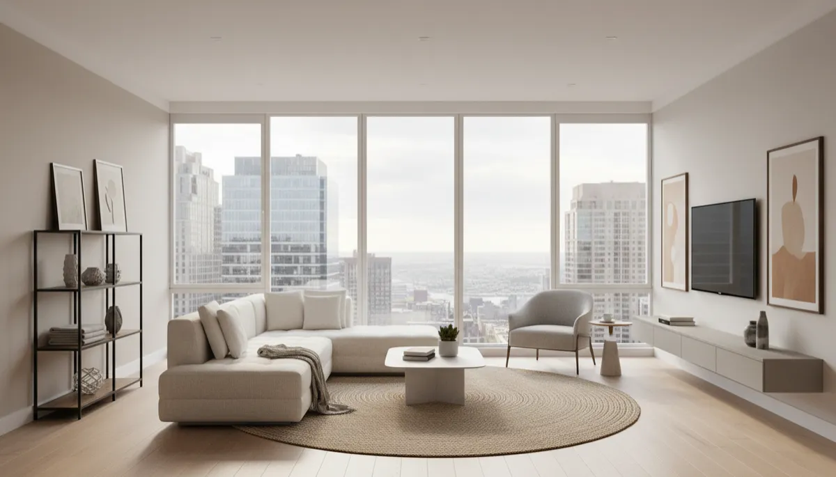Bright condo living room showing organized, simplified lifestyle after downsizing