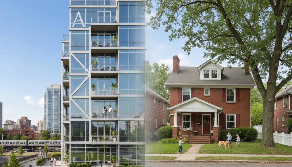 Comparison of a modern condo building and a single-family home in Arlington Comparison of a modern condo building and a single-family home in Arlington
