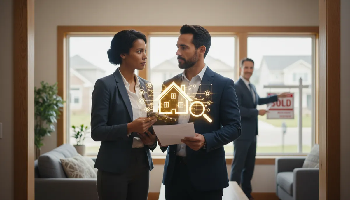 Spouses reviewing a closing statement with a real estate professional