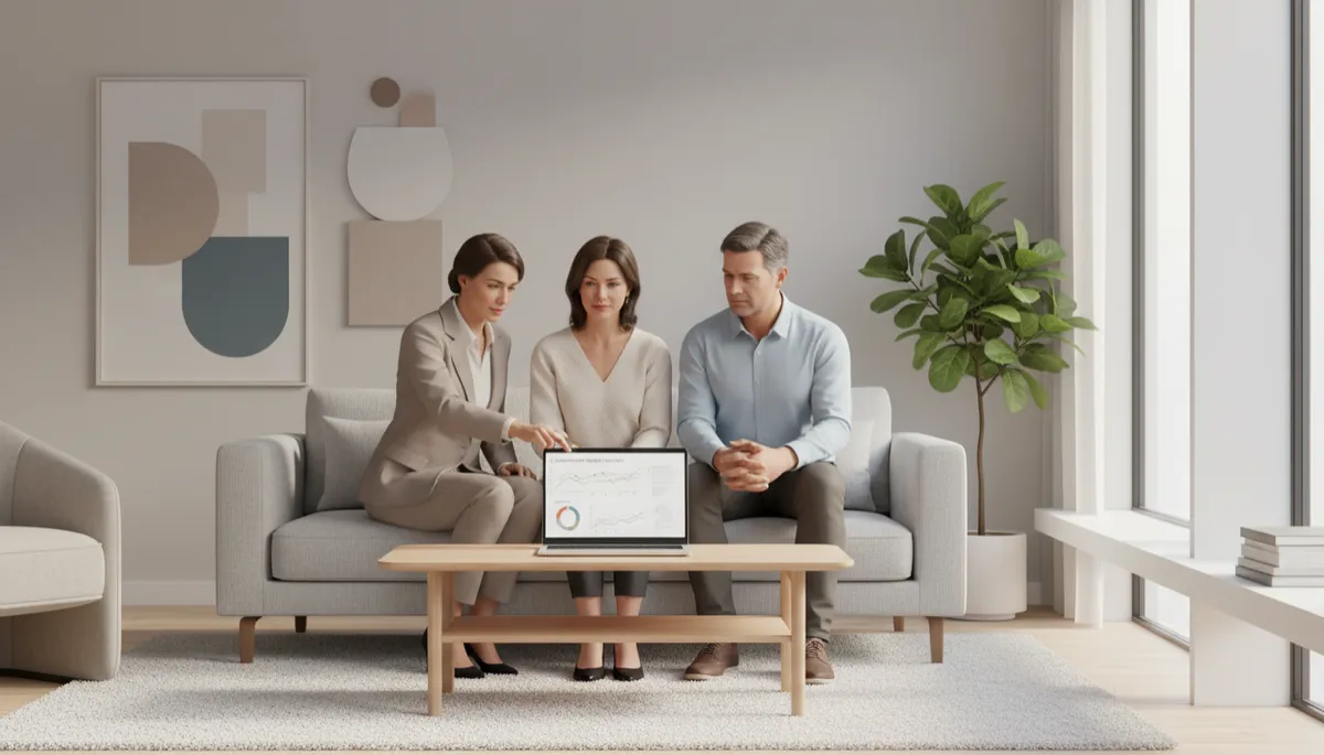 Real estate professional explaining home value and sale options to divorcing couple