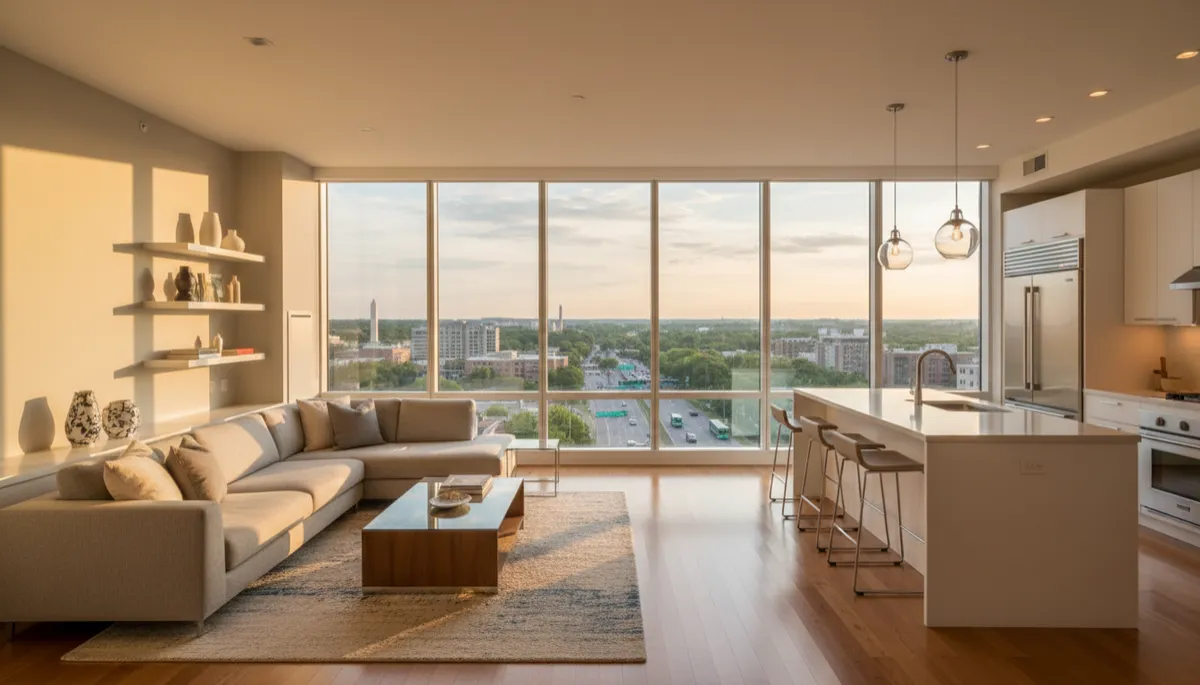 Agent and condo owners reviewing pricing strategy in a staged Arlington kitchen
