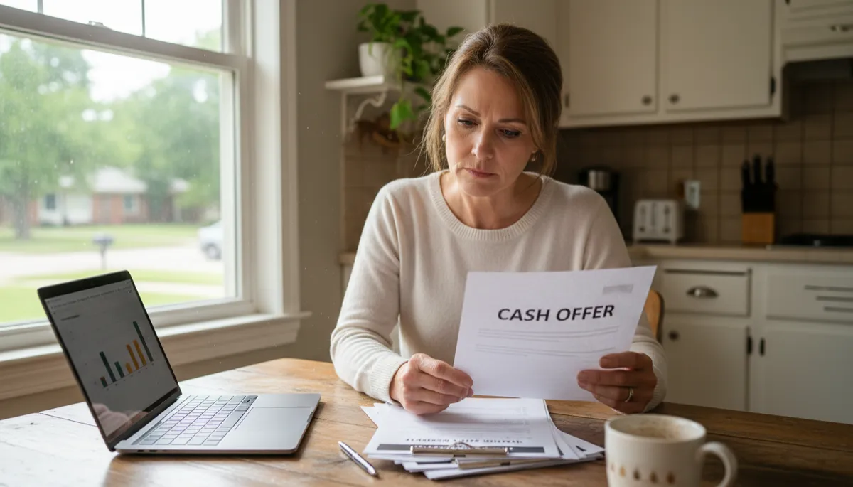 Arlington homeowner comparing a cash offer with traditional home sale paperwork at a kitchen table