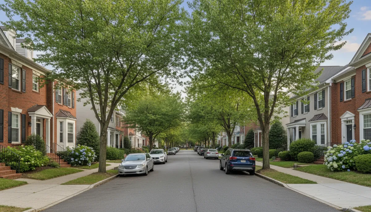 Residential street in Arlington Virginia with brick homes and mature trees