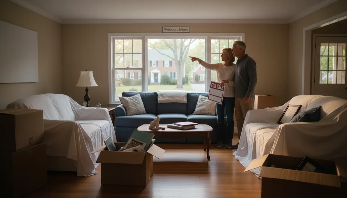 Arlington empty-nester couple sitting in a longtime family room with grown children’s photos on display