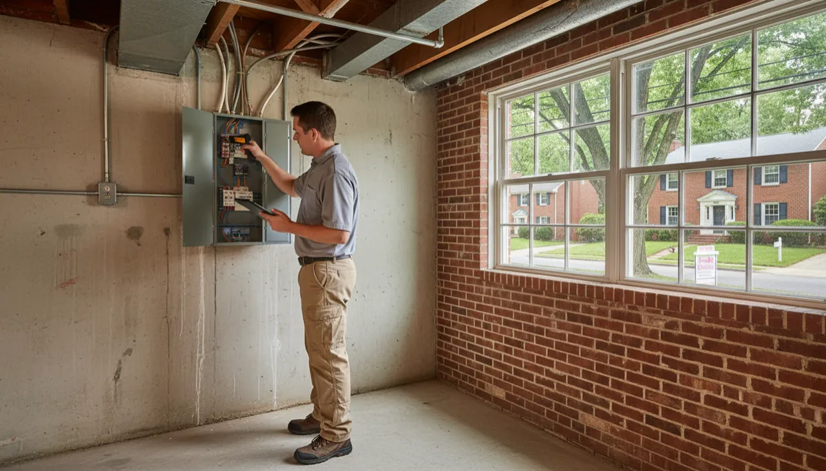 Home inspector reviewing an electrical panel in an older Northern Virginia home