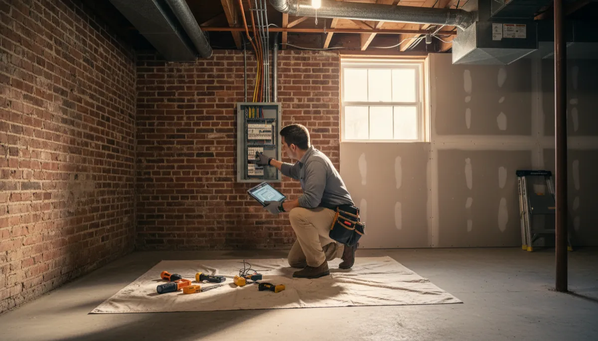Home buyers walking through an Arlington townhouse with a home inspector