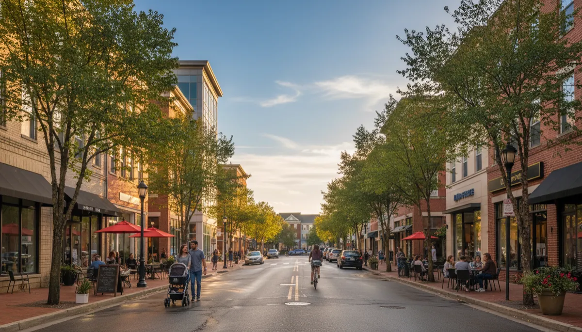 realistic, editorial-style photograph of an Arlington VA neighborhood street with mid-rise buildings, cafes, and pedestrians suggesting urban amenities near residential homes in natural afternoon light