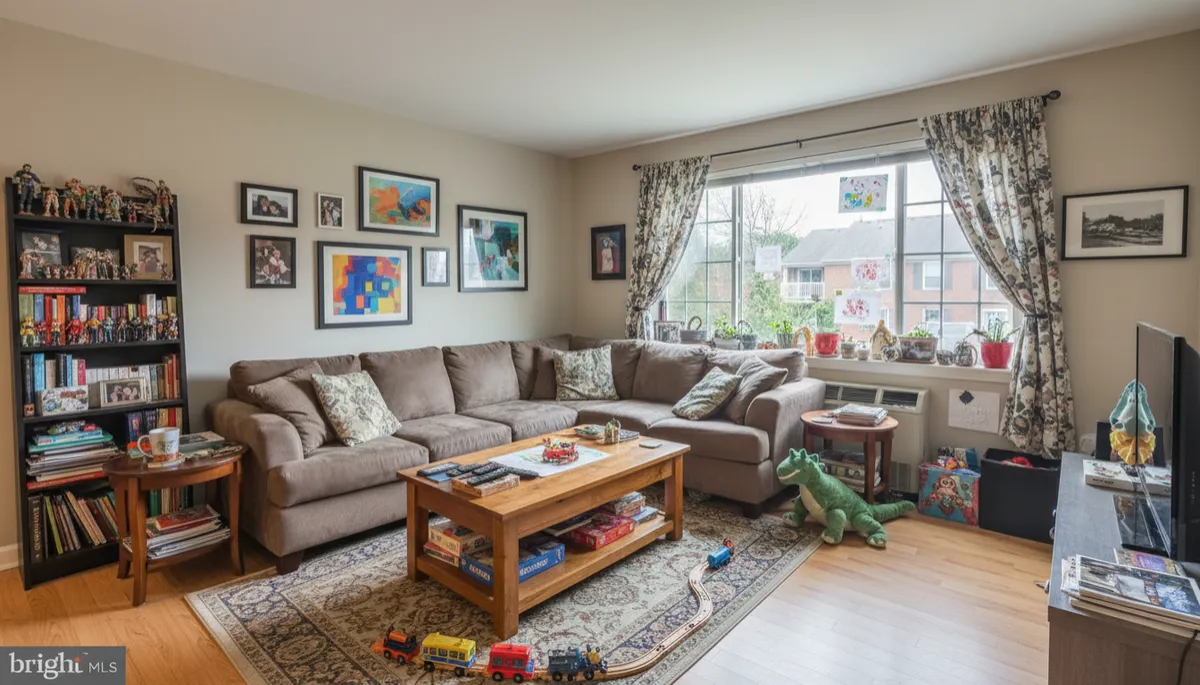 Arlington condo living room before staging with too much furniture and decor
