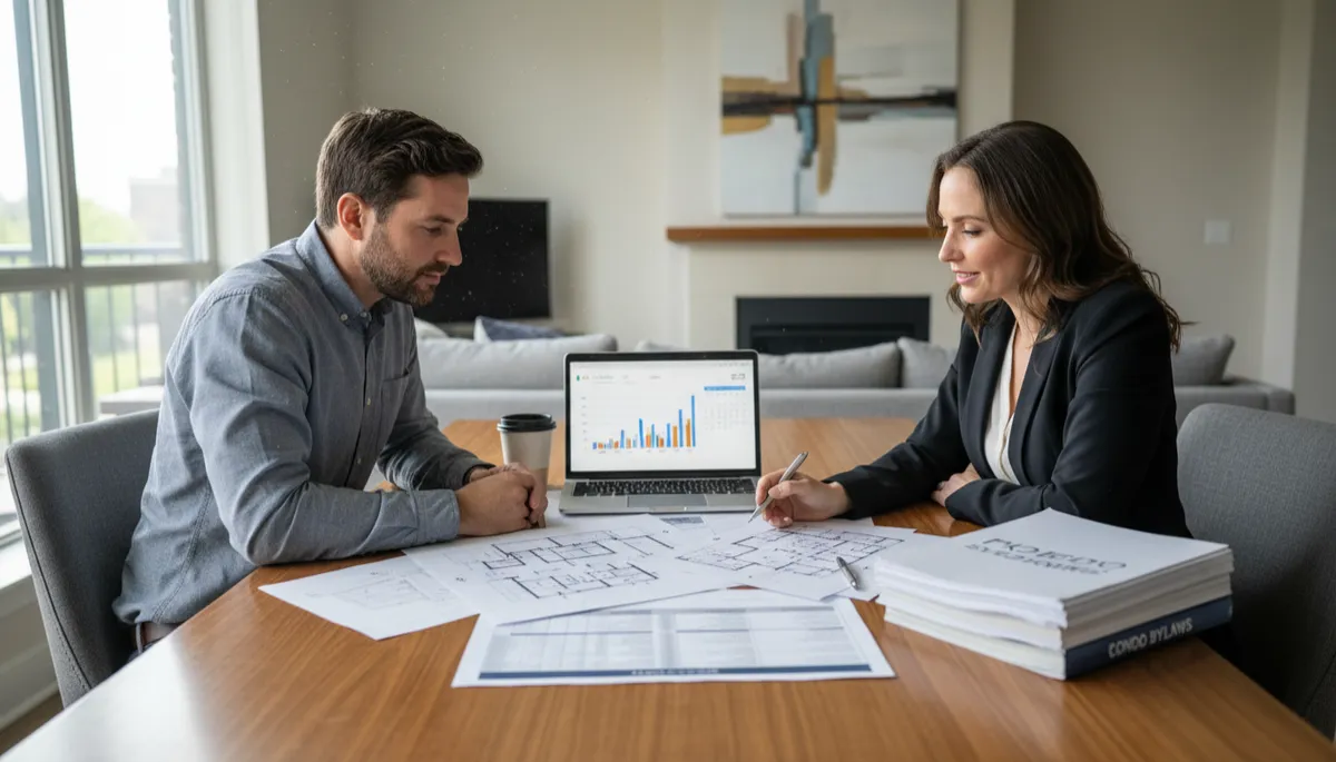 realistic editorial-style photo of a homebuyer and real estate professional seated at a table in an Arlington condo reviewing printed condo documents budgets and floorplans with a laptop open nearby neutral tones natural light from a window