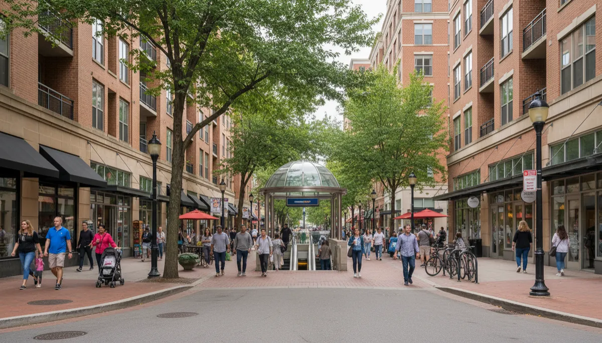 realistic editorial-style street-level view of a walkable Arlington Virginia neighborhood with mid-rise condos ground-floor shops wide sidewalks mature trees and people walking near a Metro entrance in neutral daylight
