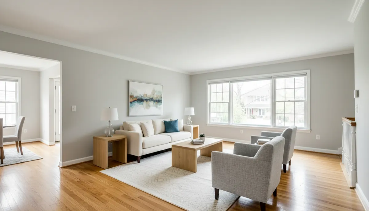 Photorealistic Arlington living room after modest updates with neutral paint and simple staging