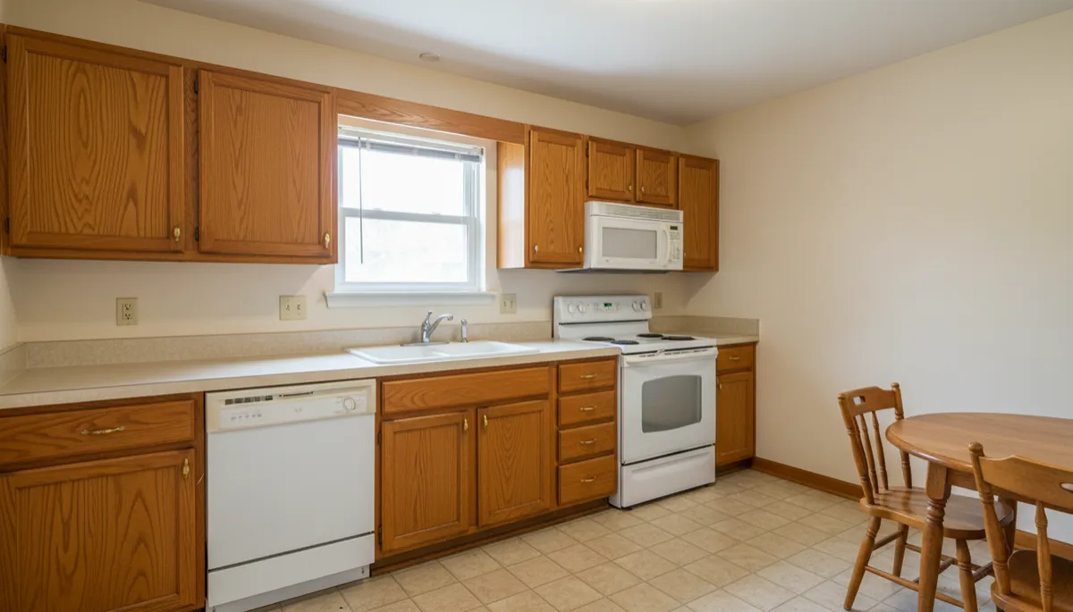 Photorealistic interior of a dated but clean Arlington Virginia kitchen before updates